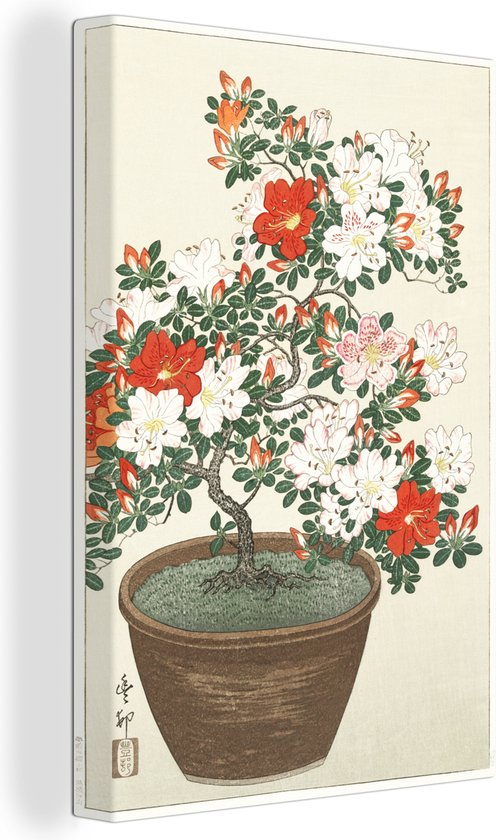 Canvas Schilderij Blooming azalea in brown pot - schilderij van Ohara Koson - Wanddecoratie