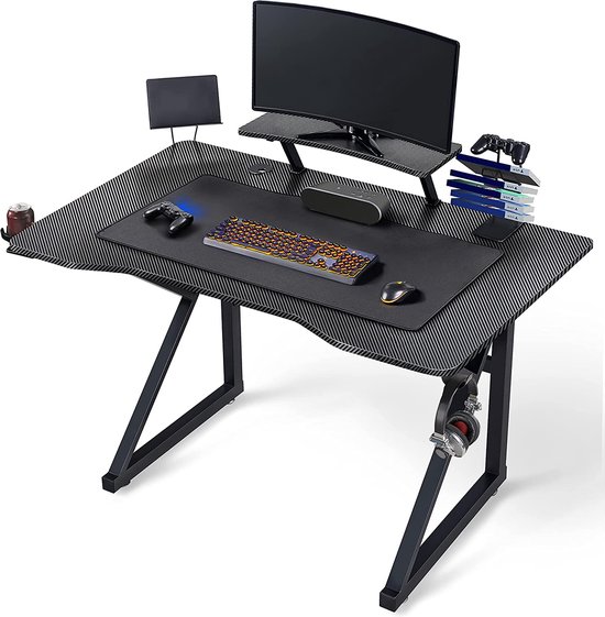 JUMMICO Grote gamingtafel, gamingbureau, computertafel, werkplek, ergonomische gamertafel met headsethaak, bekerhouder, 180 x 60 cm, zwart