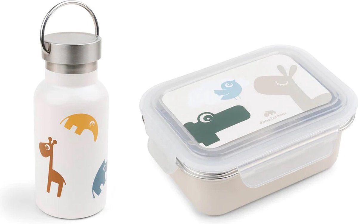 Done by Deer Sea thermo drinkfles mixed color + 3 metalen lunchbox- Lalee sand - Drinkfles