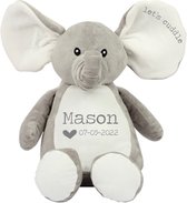 Knuffel olifant met naam en geboorte datum-kraamcadeau,verjaardags cadeau-grijze opdruk-lets cuddle naam geboortedatum