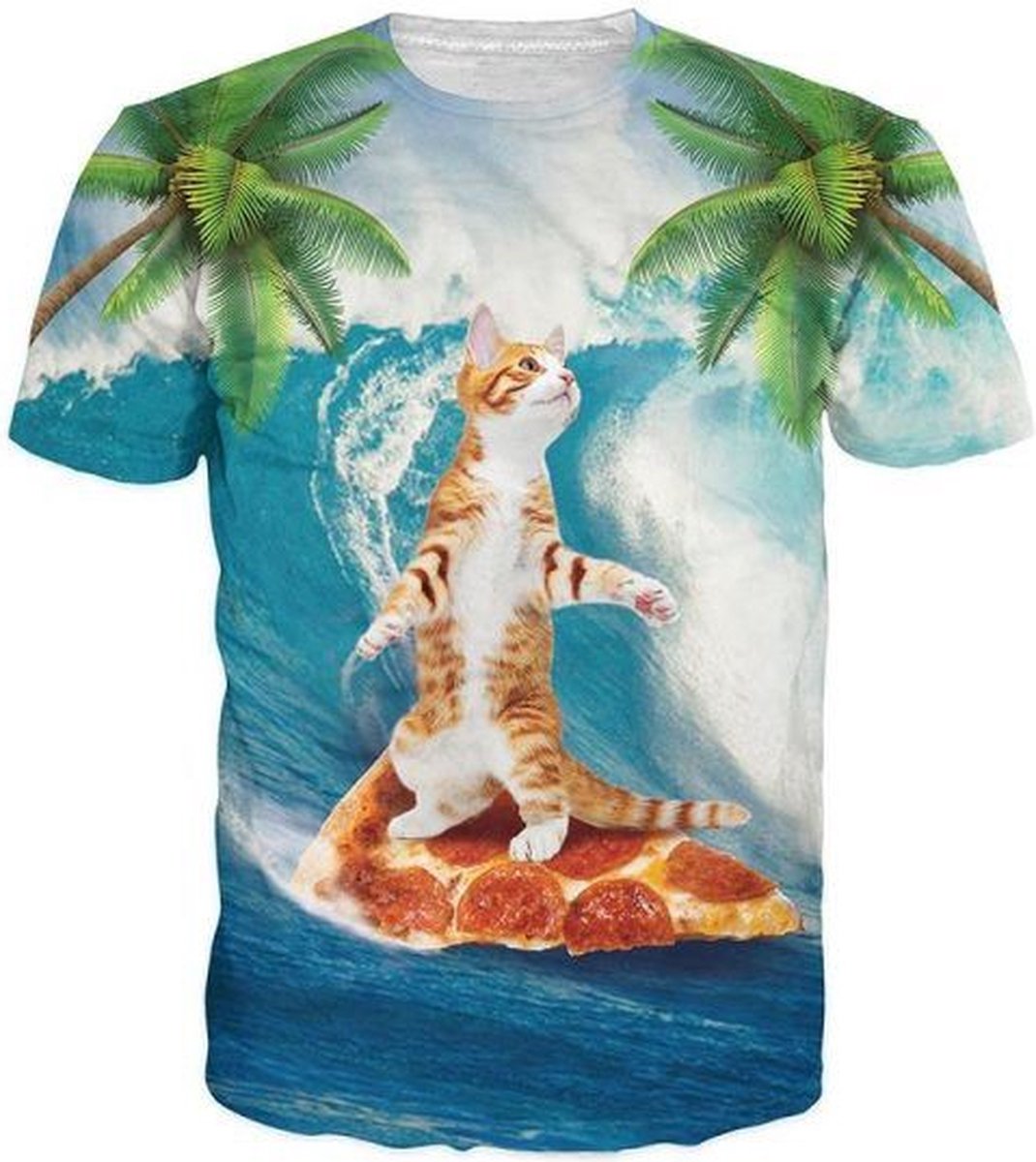 Pizza surfer kat Maat S Crew neck - Festival shirt - Superfout - Fout T-shirt - Feestkleding - Festival outfit - Foute kleding - Kattenshirt - Kleding fout feest - Foute party kleding
