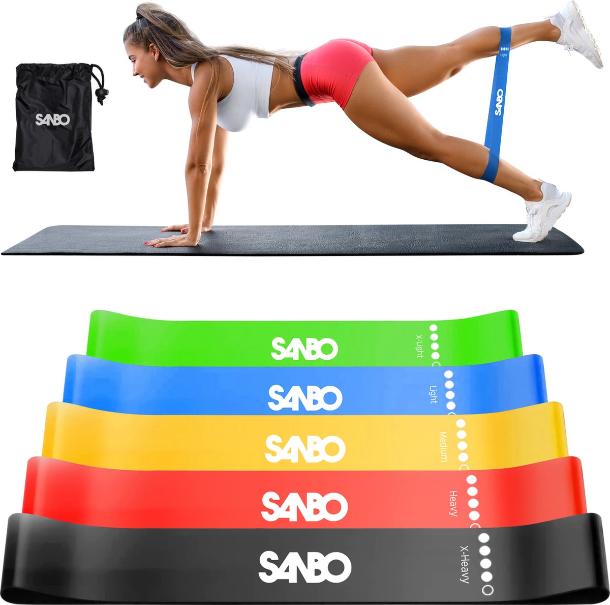 Sanbo Weerstandsbanden - set van 5 stuks - Extra sterk tot 18kg - 5 Kleuren - Incl. Opbergzakje - Resistance band set - Fitness Elastiek