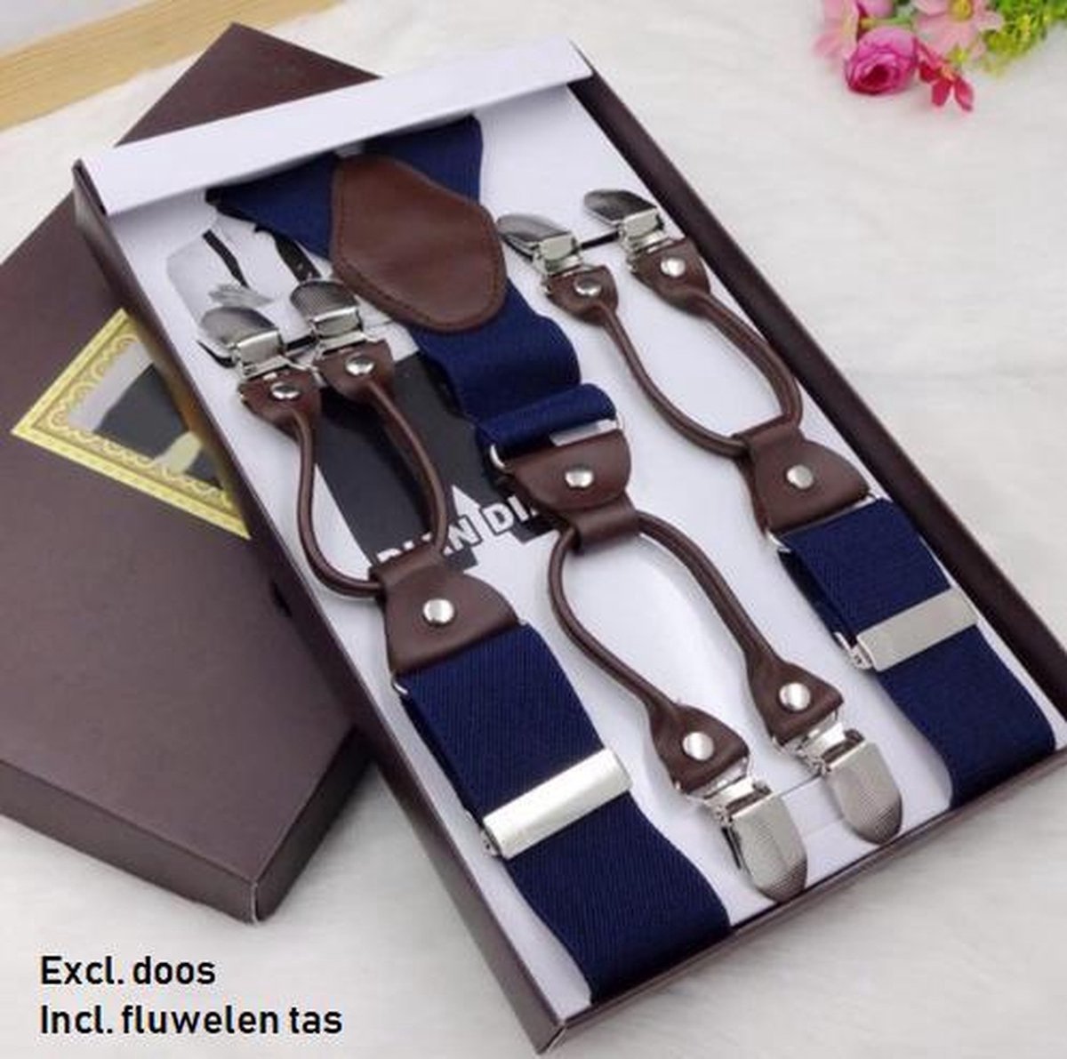 Luxe chique – heren bretels – donker blauw effen - 6 extra stevige clips – bruin leer