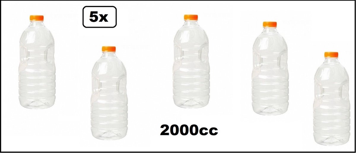 5x Flesje helder 2000cc met oranje dop - drink fles vruchten sap limonade drank