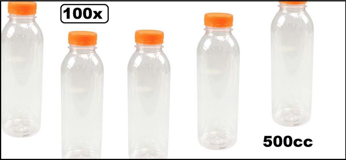 100x Flesje transparant 500cc met oranje dop - Drinkfles drinken jus sinas cola sappen dranken