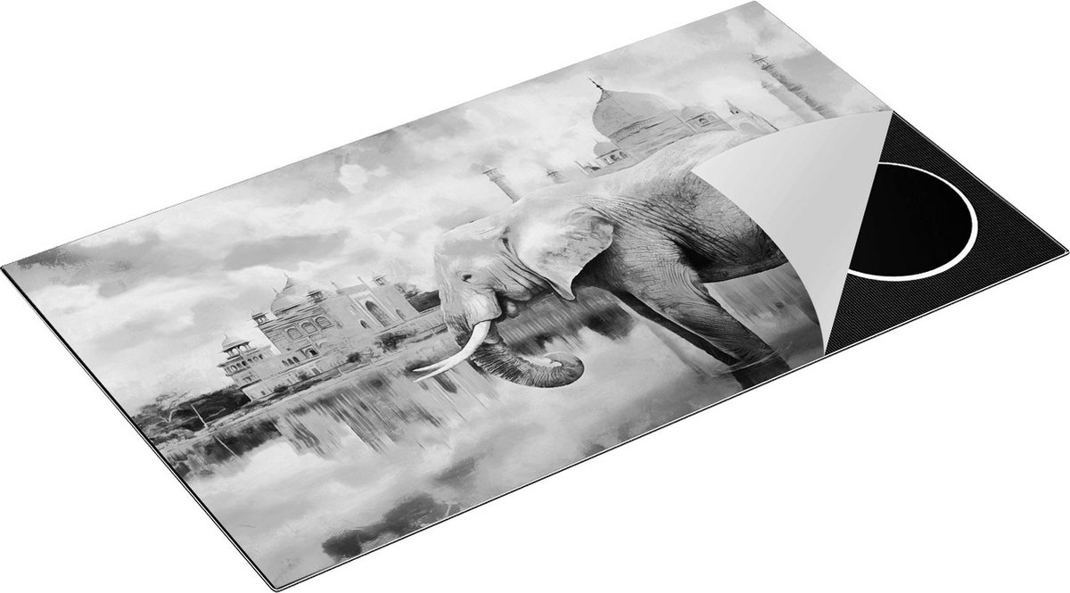 Chefcare Inductie Beschermer Getekende Olifant bij Taj Mahal - Abstract - Zwart Wit - 90x50 cm - Afdekplaat Inductie - Kookplaat Beschermer - Inductie Mat