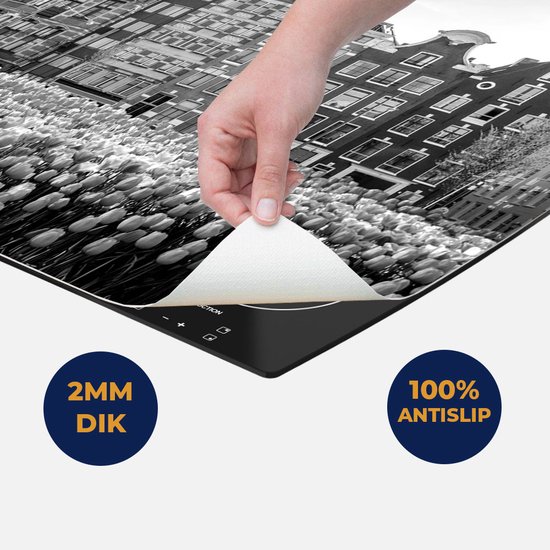 Chefcare Inductie Beschermer Amsterdamse Huisjes met Tulpen - Kleur - Zwart Wit - 57,6x51,6 cm - Afdekplaat Inductie - Kookplaat Beschermer - Inductie Mat