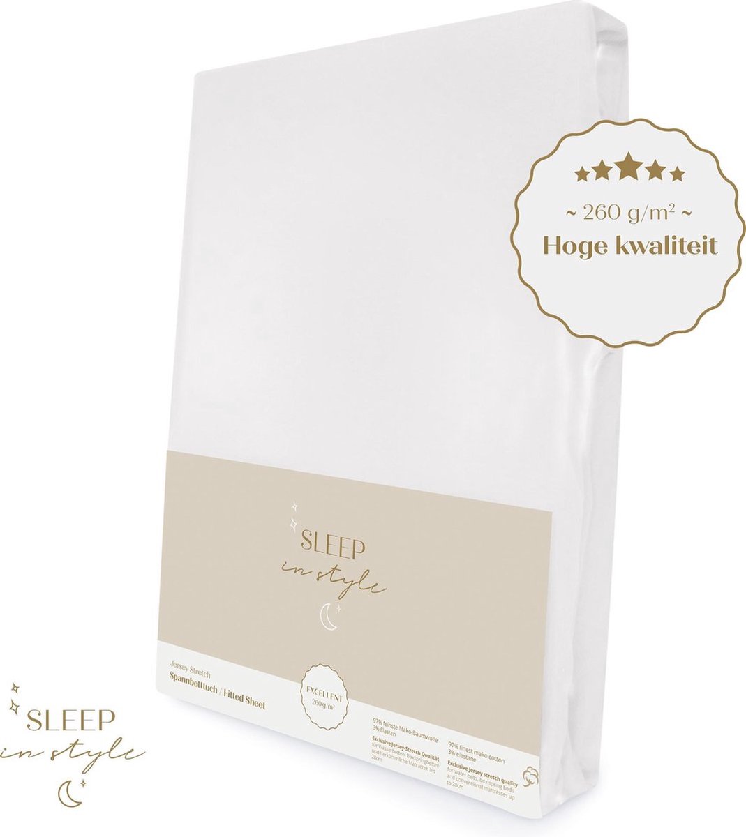 Sleep in Style - Hoge hotelkwaliteit Jersey Hoeslaken voor Matras - 180x200 t/m 200x220 cm - (tot 40 cm hoogte) – 260 grams -Wit
