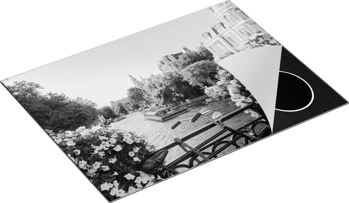 Chefcare Inductie Beschermer Amsterdamse Kanaal met Bloemen - Zwart Wit - 70x55 cm - Afdekplaat Inductie - Kookplaat Beschermer - Inductie Mat