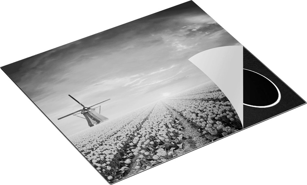 Chefcare Inductie Beschermer Rode Rozen Bloemenveld met een Windmolen - Zwart Wit - 57,6x51,6 cm - Afdekplaat Inductie - Kookplaat Beschermer - Inductie Mat