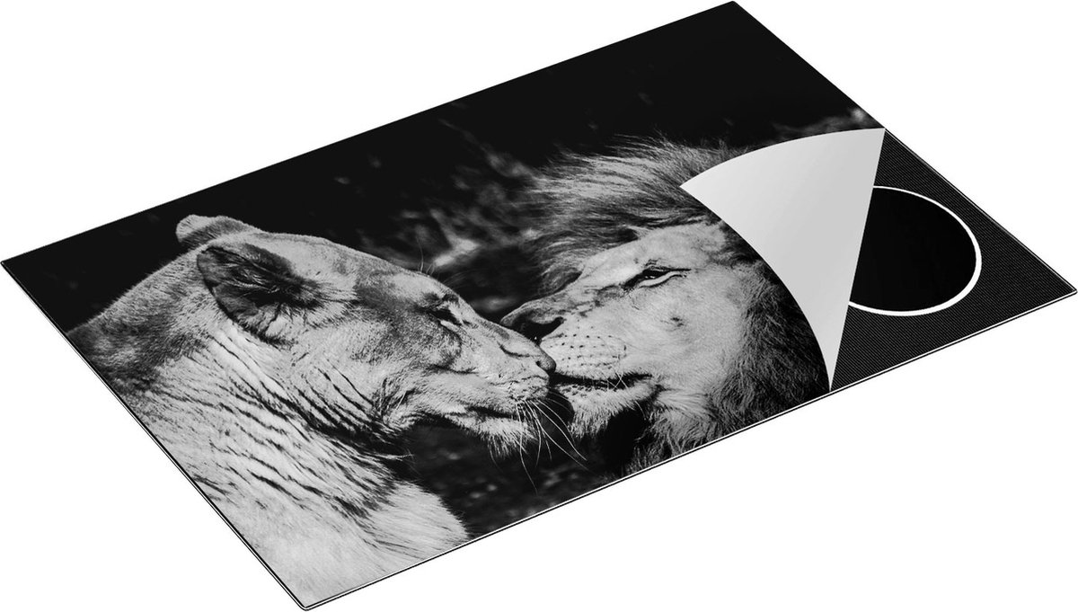 Chefcare Inductie Beschermer Leeuw en Leeuwin Koppel - Liefde - Zwart Wit - 81x52 cm - Afdekplaat Inductie - Kookplaat Beschermer - Inductie Mat