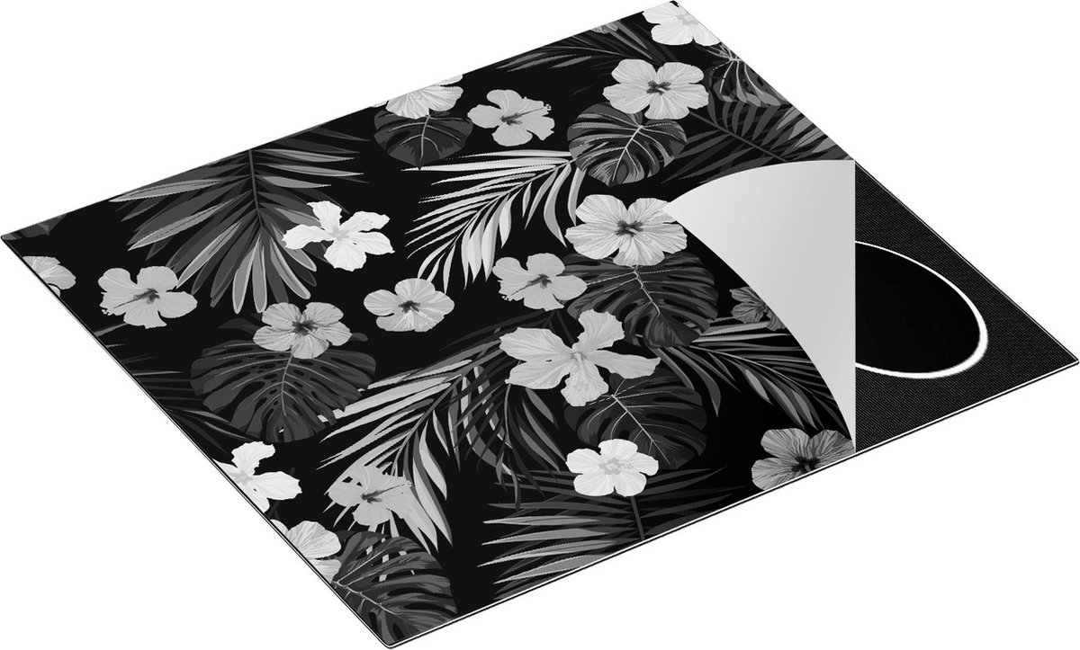 Chefcare Inductie Beschermer Getekende Tropische Bloemen - Abstract - Zwart Wit - 60x52 cm - Afdekplaat Inductie - Kookplaat Beschermer - Inductie Mat