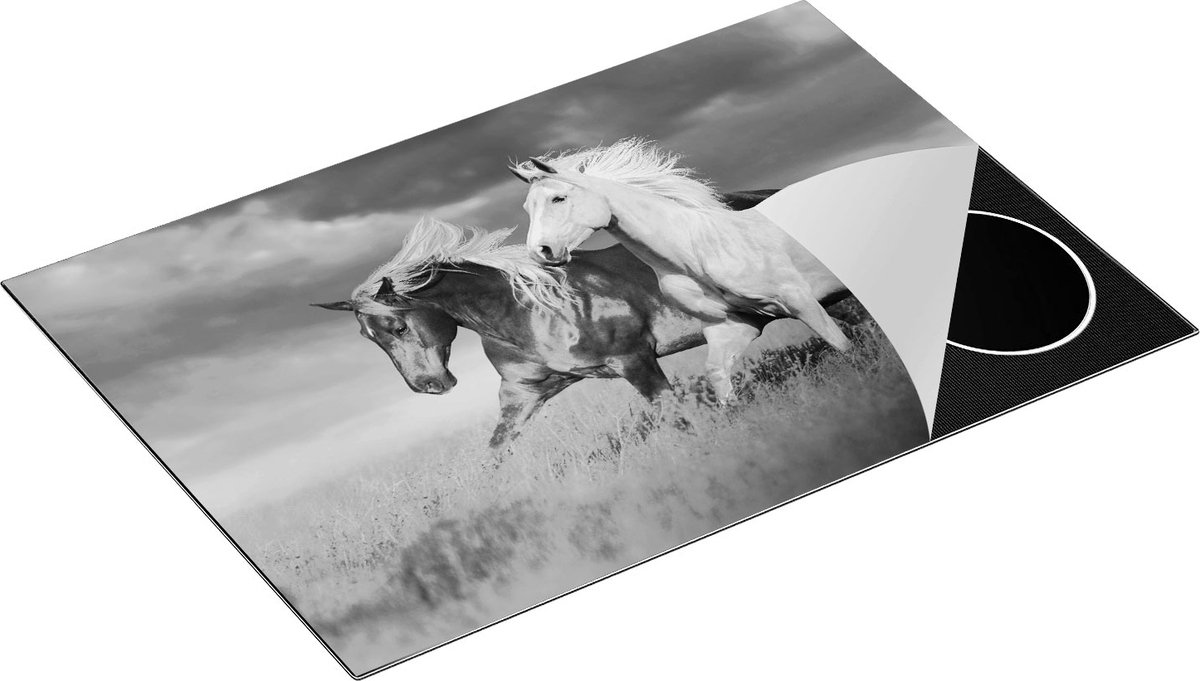 Chefcare Inductie Beschermer Bruin en Wit Paard in de Wei - Zwart Wit - 75x50 cm - Afdekplaat Inductie - Kookplaat Beschermer - Inductie Mat