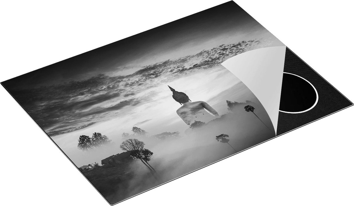 Chefcare Inductie Beschermer Boeddha Beeld in de Mist - Zwart Wit - 70x50 cm - Afdekplaat Inductie - Kookplaat Beschermer - Inductie Mat