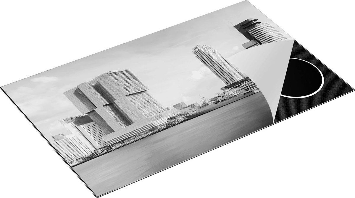 Chefcare Inductie Beschermer Rotterdamse Skyline aan het Water - Zwart Wit - 85x55 cm - Afdekplaat Inductie - Kookplaat Beschermer - Inductie Mat