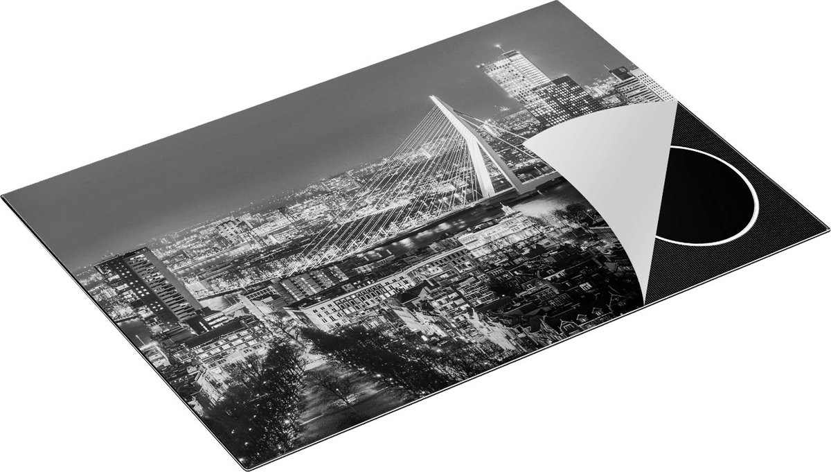 Chefcare Inductie Beschermer Rotterdamse Skyline met de Erasmusbrug - Zwart Wit - 75x52 cm - Afdekplaat Inductie - Kookplaat Beschermer - Inductie Mat