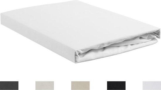 Een wit hoeslaken, opgevouwen. Hieronder worden de beschikbare kleuren getoond: zwart, lichtgrijs, beige, zwart, wit.