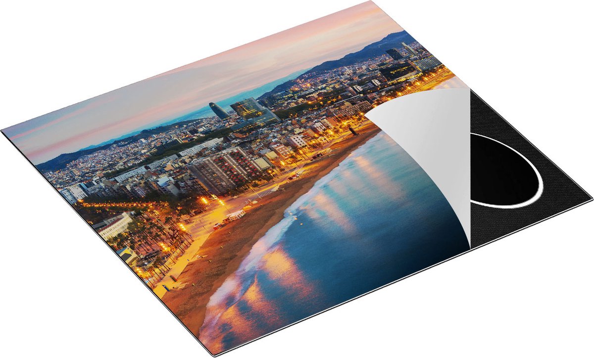 Chefcare Inductie Beschermer Barcelona Strand met Stad bij Zonsondergang - 60x55 cm - Afdekplaat Inductie - Kookplaat Beschermer - Inductie Mat