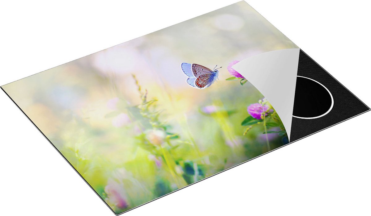 Chefcare Inductie Beschermer Blauwe Vlinder bij een Paarse Bloem - 70x52 cm - Afdekplaat Inductie - Kookplaat Beschermer - Inductie Mat