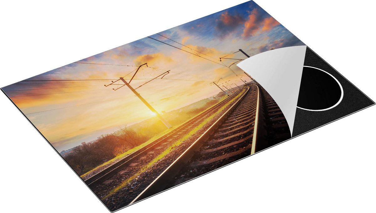 Chefcare Inductie Beschermer Rails Spoorweg bij Zonsondergang - 76x51,5 cm - Afdekplaat Inductie - Kookplaat Beschermer - Inductie Mat