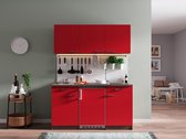 Goedkope keuken 150  cm - complete kleine keuken met apparatuur Oliver - Donker eiken/Rood - keramische kookplaat  - koelkast          - mini keuken - compacte keuken - keukenblok met apparatuur