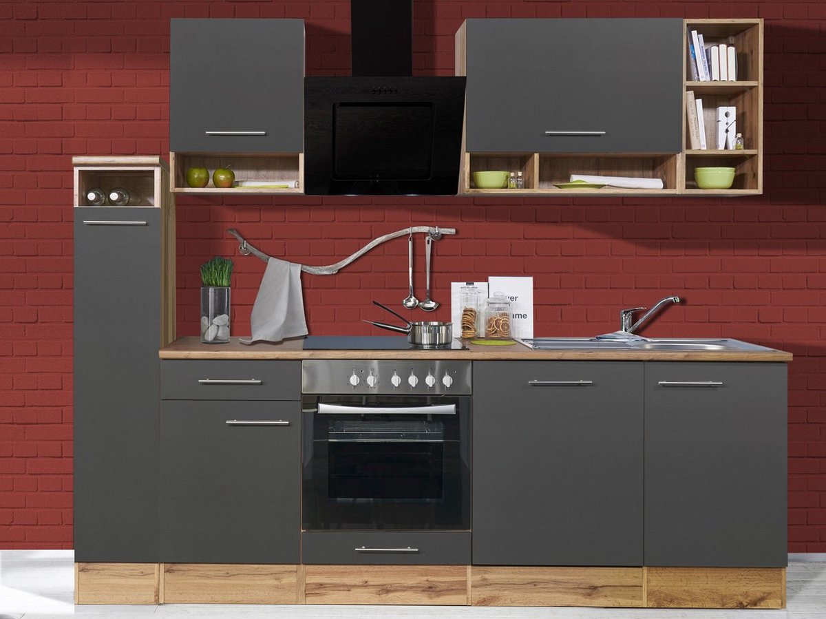 Respekta® Keukenblok 250 cm complete keuken met apparatuur Grijs Houten keuken Hilde keramische kookplaat vaatwasser afzuigkap oven spoelbak
