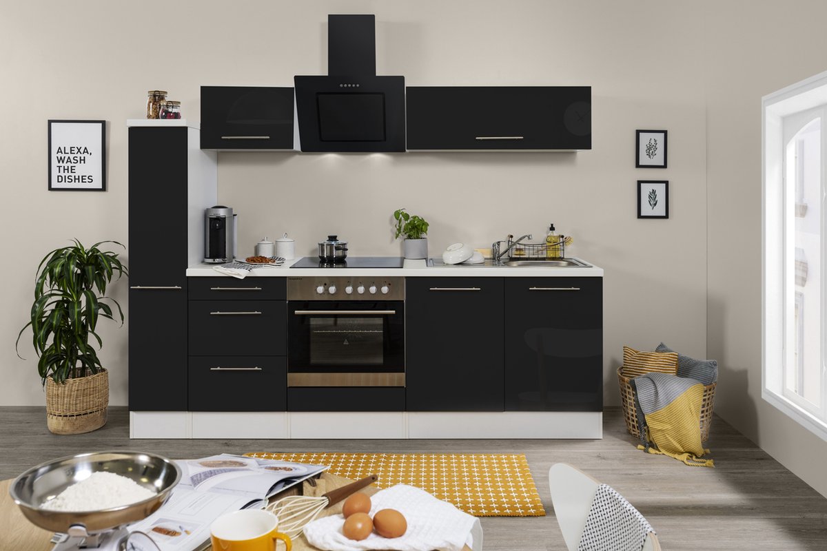Respekta® Keukenblok 240 cm complete keuken met apparatuur soft close Zwart Hoogglans keuken Amanda keramische kookplaat afzuigkap oven spoelbak
