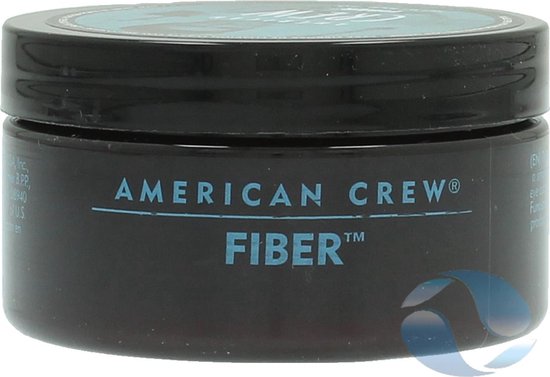 Zwarte American Crew Fiber pot met blauwe tekst.