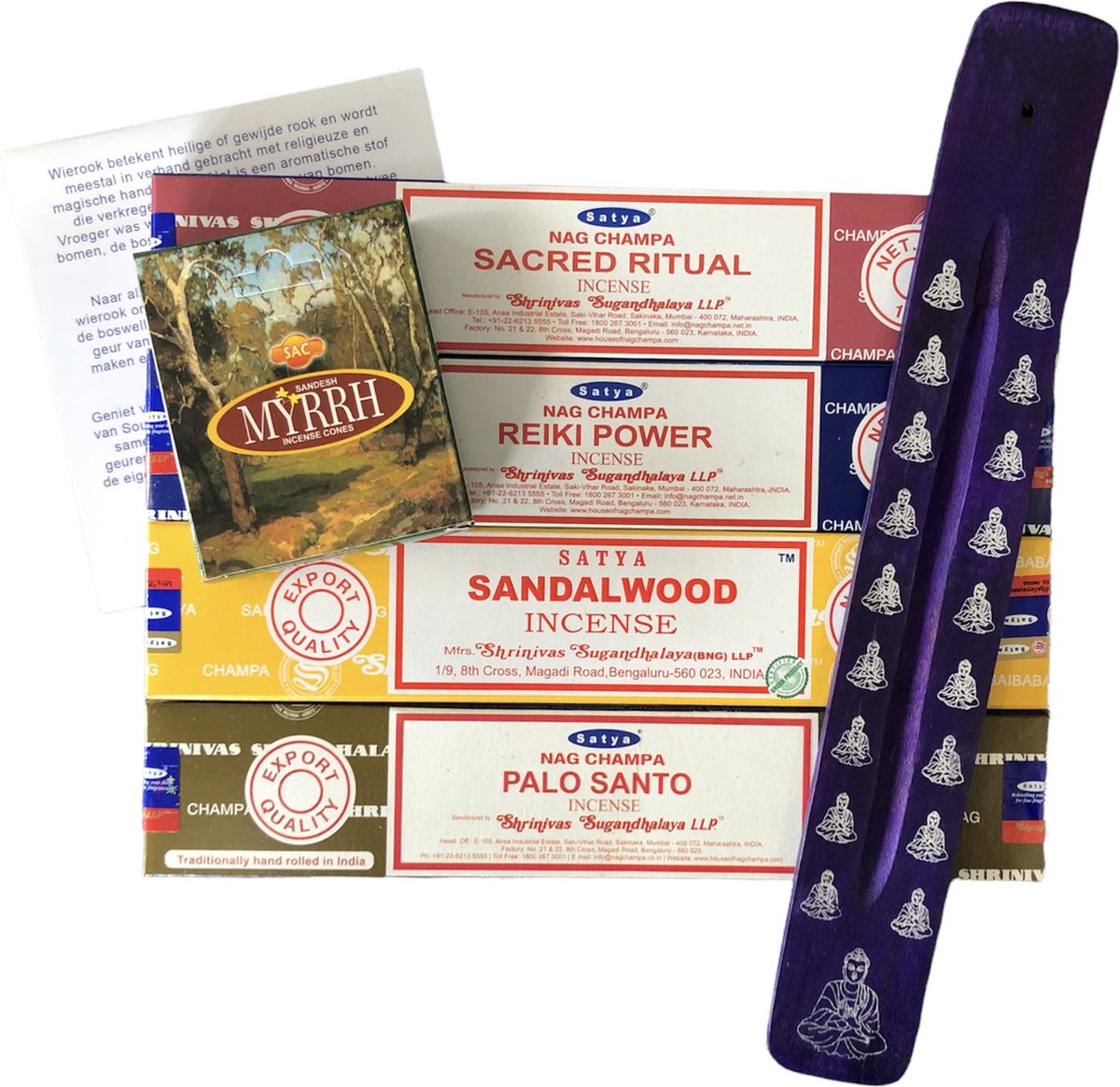 **bestseller** - Luxe Wierookpakket - 4 x Satya Nag Champa - Reiki Power - Sacred Ritual - Palo Santo - Sandal Wood - Wierook stokjes met speciaal wierookplankje & GRATIS Myrrh Cones