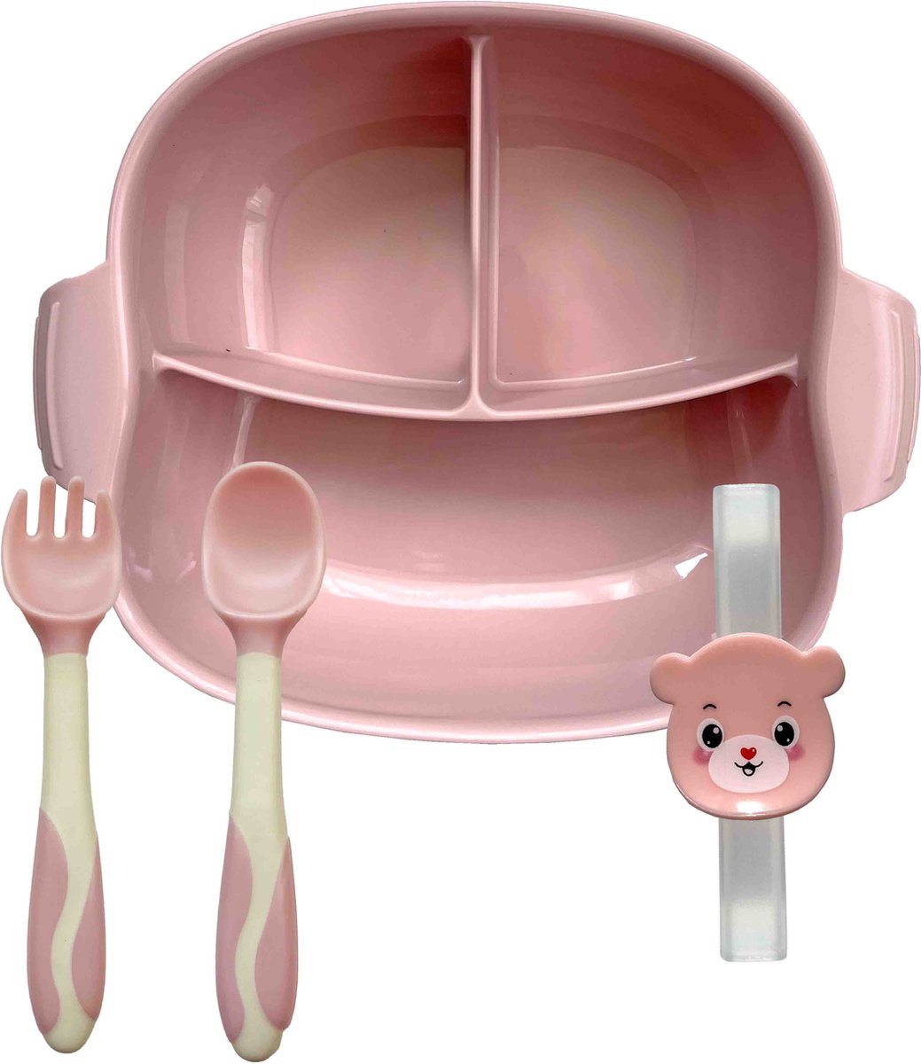 Major Products - 4-delig kinderservies - Baby vakjes bord met zuignap - Onbreekbaar Kinderservies - Roze
