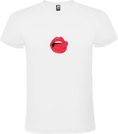 Wit T shirt met print van 'Mooie mond met likkende tong in Rood size XXXL