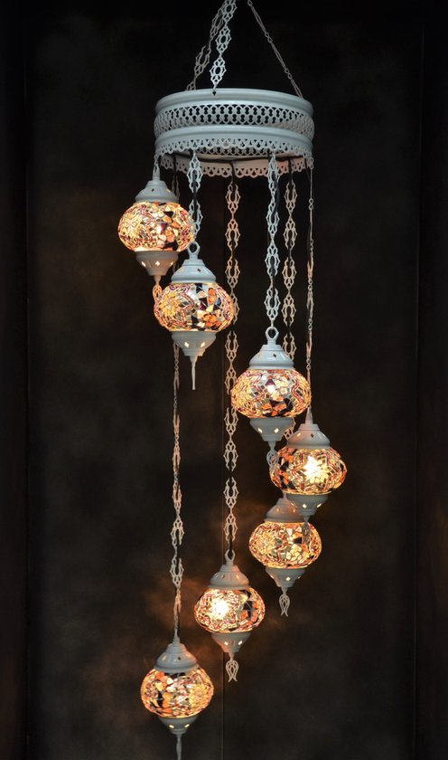 Hanglamp multicolour glas  mozaïek Oosterse lamp kroonluchter Crèmewit 7 bollen