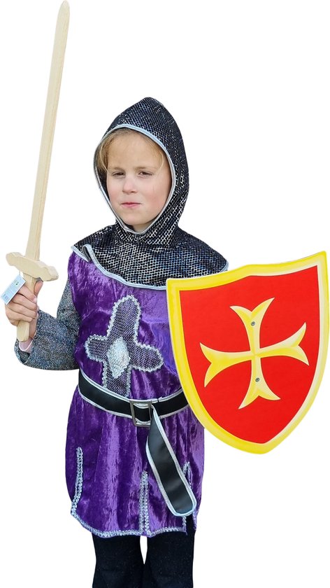 Ridder kostuum Paars inclusief zwaard en schild rood kruis maat 116-140 riddertuniek