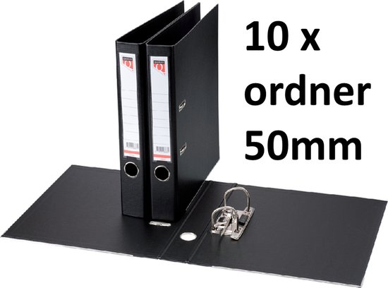 Twee zwarte A4 ordners van 50mm breed, met metalen ringen en etikethouder. Tekst: 10 x ordner 50mm.