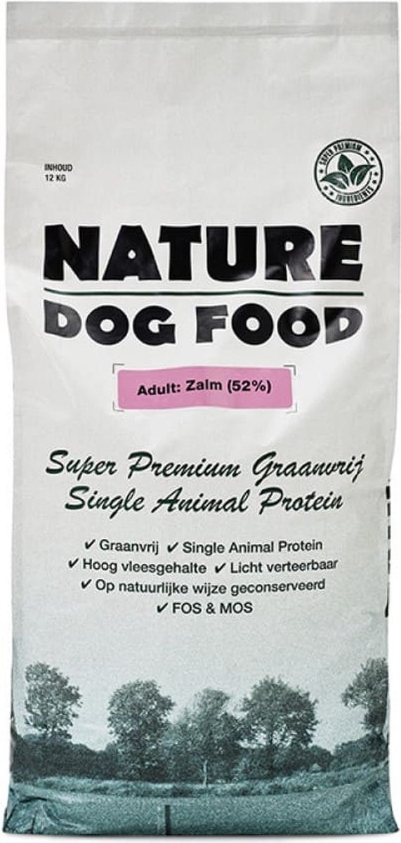 Nature Dog Food - Hypoallergeen hondenvoer Adult Graanvrij Zalm 12 kg met Rex graanvrije kluifjes 500 gr.
