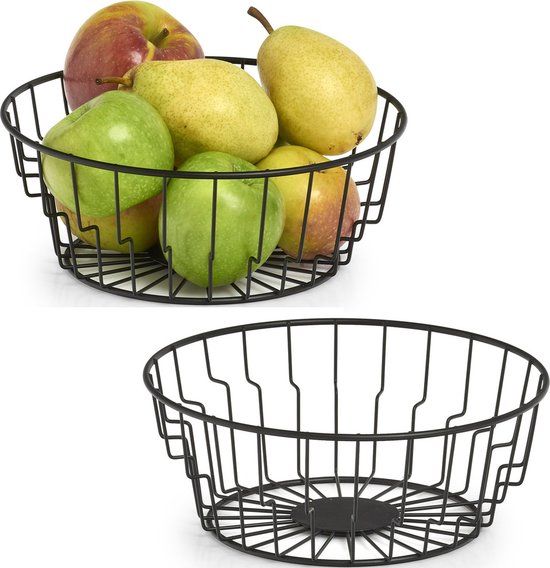 Foto: 2x zwarte ronde fruitschalen metaal 24 cm zeller keukenaccessoires benodigdheden fruitschalen fruitmanden fruitschalen van metaal