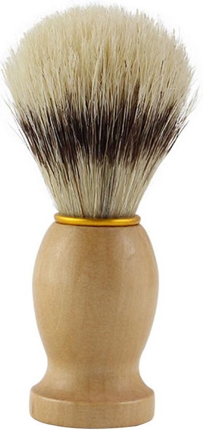 Scheerkwast met een lichtbruin houten handvat en tweekleurige haren, wit aan de top, bruin naar de basis.