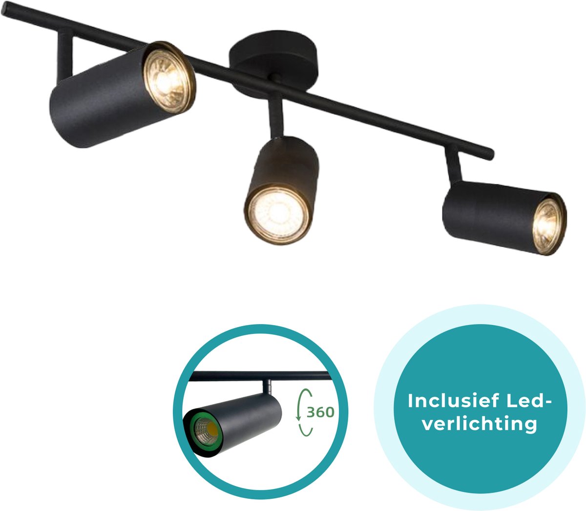 Lumefy LED Plafondlamp 3 Spots - 360° Draaibaar en Kantelbaar - Inclusief LED-spots - Zwart