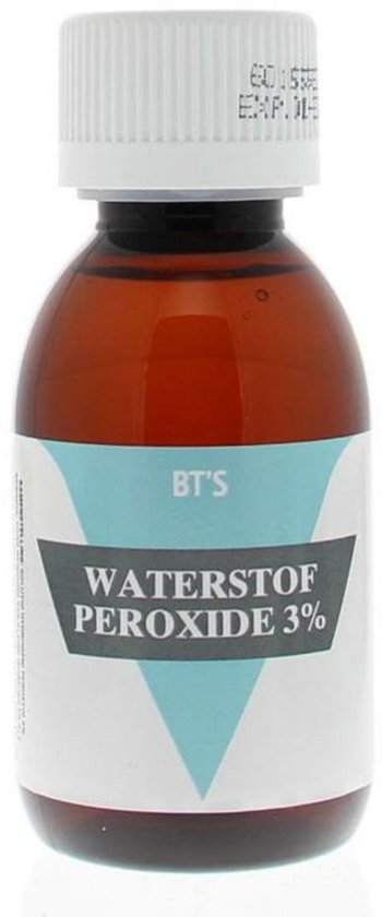 Bruine fles met witte dop en opdruk, etiket met 'BT'S WATERSTOF PEROXIDE 3%'
