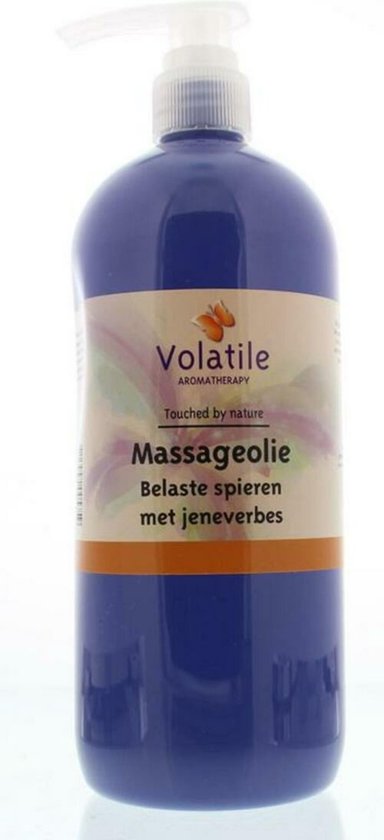 Blauwe fles Volatile massageolie 'Belaste spieren met jeneverbes' met pompje.