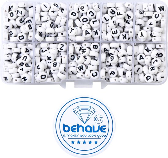 Behave Letter Bead Set - Wit avec lettres noires - Acryl - Perles - Perles alphabet - 7mm - 624 pièces