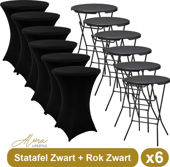 6x Zwarte Statafel + Zwarte Statafelrok x 6 – ø80 cm x 110 cm hoog