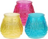 Windlicht geurkaars - 3x - geel/blauw/roze glas - 48 branduren - citrusgeur