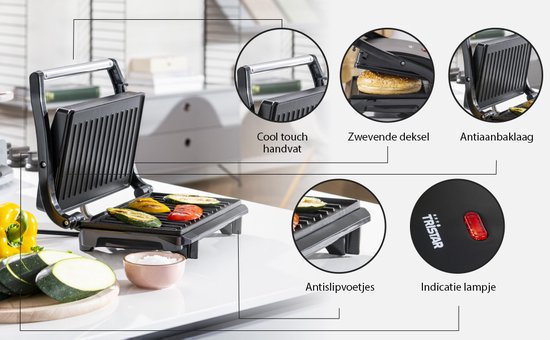Open zwarte Tristar contactgrill met gegrilde groenten, met details over koel handvat en antiaanbaklaag.