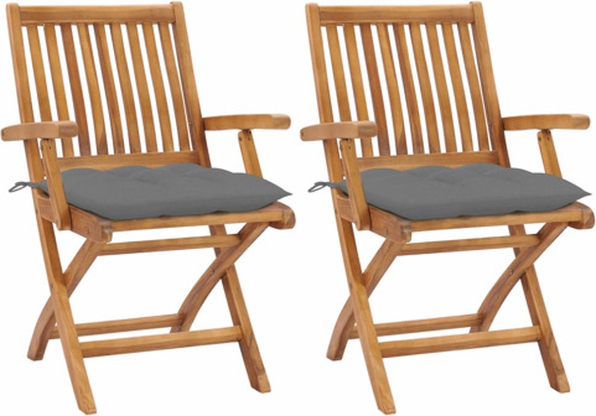 vidaXL - Tuinstoelen - 2 - st - met - grijze - kussens - massief - teakhout