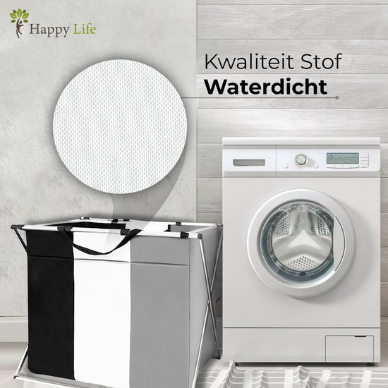 Wasmand 3 Vakken – Wassorteerder 118 L – Opvouwbaar – Aluminium Frame – Zwart/Grijs/Wit