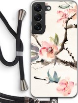 Case Company® - Hoesje met koord geschikt voor Samsung Galaxy S22 hoesje met Koord - Japanse bloemen - Telefoonhoesje met Zwart Koord - Bescherming aan alle Kanten en Over de Schermrand