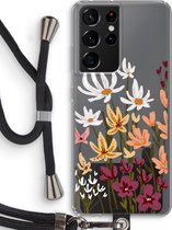 Case Company® - Hoesje met koord geschikt voor Samsung Galaxy S21 Ultra hoesje met Koord - Painted wildflowers - Telefoonhoesje met Zwart Koord - Bescherming aan alle Kanten en Over de Schermrand