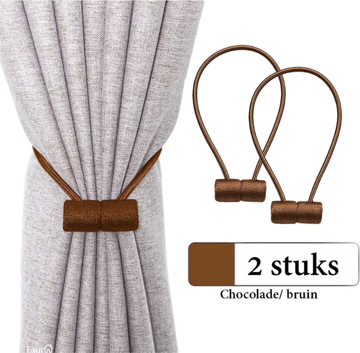 Fain® Luxe Gordijn Embrasse – 2 stuks – Chocolade/ bruin – Vierkante vorm – Gordijnhouders - Embrasses voor Gordijnen - Gordijn Embrasse Haak - Magnetisch Gordijnkoord - 43 cm Lang