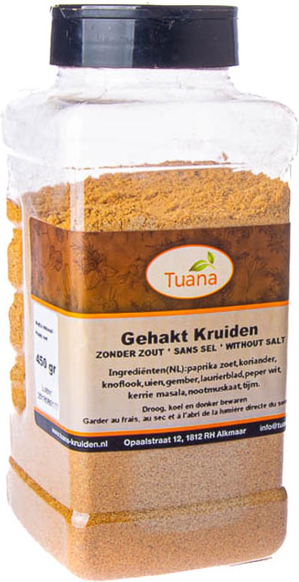 Goedkoopste Tuana Kruiden - Gehakt Kruiden - Strooibus 450 Gram - Kruiden Zonder Zout - GP0078